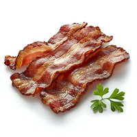 Crispy fried bacon strips garnished with fresh parsley leaf isolated on white background, ready for food service and menu photography.
