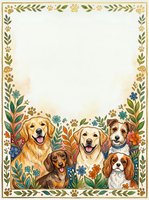 Adorable dogs border frame with floral elements and paw prints on textured background for pet-themed designs, greeting cards and invitations.