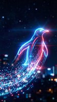 Futuristic digital penguin silhouette with glowing neon blue and pink light trails, binary code streams and bokeh effects on dark background for tech designs.
