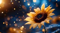 Vibrant sunflower with water drops against dark blue background with golden bokeh lights creating magical atmosphere, macro photography with shallow depth of field.