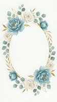 Watercolor floral oval frame with dusty blue peonies, cream roses and eucalyptus leaves on light background for wedding invitations and greeting cards.