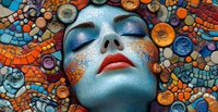Serene female face with closed eyes and bright red lips surrounded by colorful mosaic pattern of circles, tiles and decorative elements.