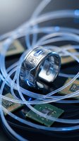 Futuristic smart ring with circuit patterns surrounded by fiber optic cables and computer processors showcasing wearable technology innovation.
