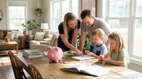 Caucasian family with two children counting money and coins at wooden dining table in bright modern home interior with piggy bank for savings education.
