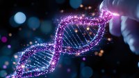 Glowing DNA helix structure with purple and blue particles on dark background, genetic research concept showing molecular biology and biotechnology advancement.