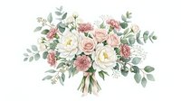 Watercolor wedding bouquet with pink roses, white peonies and eucalyptus leaves isolated on transparent background for romantic design projects.