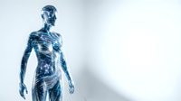 Futuristic blue holographic human figure with glowing digital wireframe anatomy standing against white background for technology and science concepts.