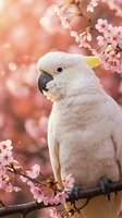 White cockatoo perched on blooming cherry blossom branch with soft pink bokeh background creating dreamy spring atmosphere for nature and wildlife themes.