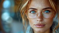 Young Caucasian woman with freckles, blue eyes and ginger hair wearing round glasses in soft focus portrait with bokeh background. Natural beauty concept.