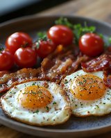 Hearty breakfast with crispy bacon strips, sunny-side up fried eggs and fresh cherry tomatoes in cast iron skillet for morning meal preparation.