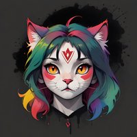 Mystical cat character with rainbow colored hair and glowing orange eyes against dark background. Distinctive facial markings and forehead symbol create magical appeal.