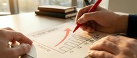 Business professional reviewing sales report with red pen marking growth chart showing upward trend on desk with books in warm office lighting.