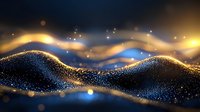 Glowing golden and blue waves with sparkling particles creating dynamic flowing motion against dark background. Abstract luxury design element.