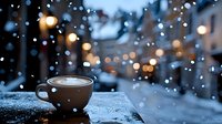 Steaming coffee cup with heart-shaped latte art on snowy windowsill against blurred winter city lights and falling snow creating cozy atmospheric scene.