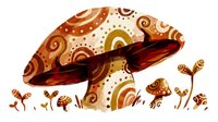 Decorative mushroom with ornate swirls and patterns surrounded by small plants in warm autumn colors on cream background for seasonal design projects.
