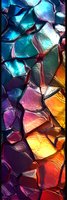 Abstract mosaic pattern with vibrant gradient colors from deep blue to fiery orange, featuring crystalline shapes with glossy, textured surfaces and dark borders.