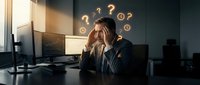 Stressed businessman with question marks above head sitting at office desk, expressing confusion and overwhelm in modern workplace environment.