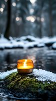 Glowing candle in glass jar on snowy moss-covered rock, creating warm ambiance against blurred winter forest background.