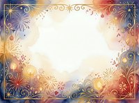 Ornate festive frame with golden fireworks, stars, and swirling decorative elements on gradient background. Isolated design element ready for greeting cards, invitations, posters, and holiday projects.