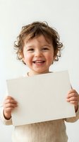 Happy toddler with curly hair holding blank white paper sign against neutral background for customizable messaging and promotional content.