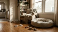 Cozy living room interior with comfortable armchair, dog bed, and toys scattered on hardwood floor near sunny window for home decor and pet care concepts.