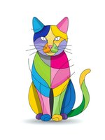 Colorful geometric cat with vibrant rainbow segments in modern abstract style isolated on white background for creative design projects.