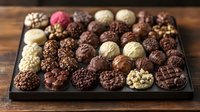 Assorted chocolate truffles with different toppings and coatings arranged on dark slate board against wooden background. Gourmet confectionery display.