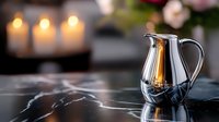 Elegant silver pitcher on dark marble surface with glowing candles and soft pink flowers in background creating romantic atmosphere for luxury dining.
