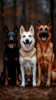 Three happy dogs sitting together outdoors in autumn forest setting. German shepherd, husky and mixed breed canines with tongues out showing friendship.