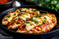 Juicy grilled chicken breasts topped with melted mozzarella cheese and fresh herbs in cast iron skillet, garnished with chopped parsley. Restaurant quality meal.