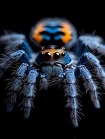Macro close-up of jumping spider with vibrant orange and blue coloration, detailed hairy legs and multiple eyes on black background for nature photography.