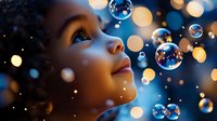Young African American girl gazing upward with wonder at floating soap bubbles against dark blue background with magical bokeh lights creating dreamy atmosphere.