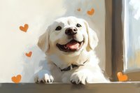 Happy white Labrador retriever puppy with friendly smile resting on windowsill, surrounded by orange heart shapes, digital art style illustration.