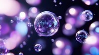 Floating transparent soap bubbles with purple and pink bokeh lights creating dreamy atmosphere for relaxation and wellness concepts.