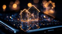 Glowing house silhouette with golden lights reflected on dark surface against blurred bokeh background creates magical festive atmosphere for holiday designs.