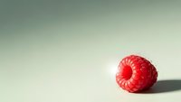 Single fresh red raspberry on clean white background with soft shadow and copy space for healthy food and nutrition concepts.
