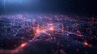 Digital network landscape with glowing orange and blue light trails forming interconnected paths across abstract technological terrain. Futuristic visualization of data flow.