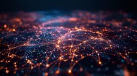 Abstract network of glowing orange light connections on dark background with bokeh effect, representing digital technology and global communications landscape.