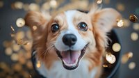 Happy Corgi dog with bright smile against blurred golden bokeh lights background, close up portrait of purebred puppy showing positive emotions.