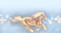 Fiery golden horse galloping through a winter wonderland with glowing bokeh lights and frost patterns on a soft blue background.