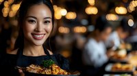 Young Asian female server presenting delicious gourmet dish in upscale restaurant with warm bokeh lighting and professional kitchen staff in background.