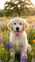 Cream-colored Labrador Retriever sitting in wildflower meadow with purple lupines and yellow flowers, tongue out, golden hour sunlight filtering through trees behind.