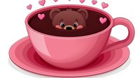 Cute brown teddy bear peeking out from pink coffee cup with floating hearts above, cartoon style illustration on white background, ready for design use.