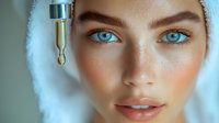 Young Caucasian woman with blue eyes applying facial serum with dropper bottle for skincare routine and anti-aging treatment in spa setting.