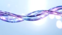 Abstract flowing purple and blue twisted waves with glowing light effects and bokeh on soft blue background, modern design element for technology presentations.