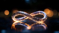 Glowing infinity symbol with sparkles and bokeh lights reflecting on dark surface creates magical atmosphere for spiritual and conceptual designs.