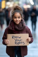 Young African American woman in winter coat and scarf holding cardboard sign with rights message, standing on urban street with soft bokeh background and gentle smile.