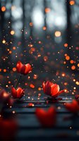 Red with magical bokeh lights and sparkles in background creating dreamy atmosphere. Suitable for romantic designs.