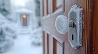 Vintage door handle covered in delicate frost crystals on wooden door during winter morning, creating magical seasonal atmosphere with blurred snowy background.