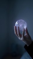 Hand holding glowing digital globe with neural network connections, representing global technology, artificial intelligence, innovation, and digital transformation for business solutions.